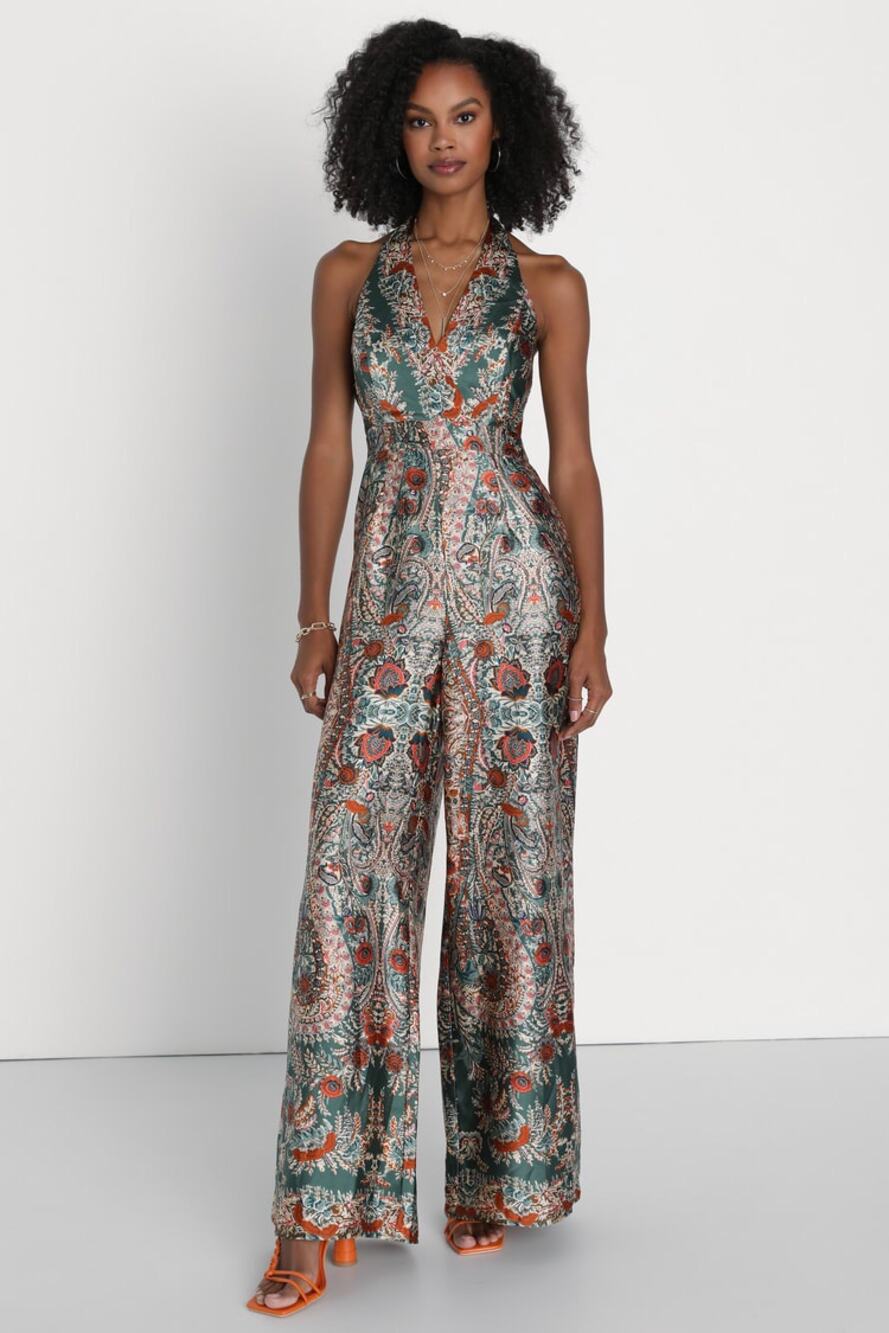 NWT Lulus Divine Wanderings Teal Green Scarf Print Satin Wide-Leg Jumpsuit Sz XS